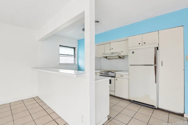 kitchen featuring white cabinetry, light tile patterned floors, white appliances, and kitchen peninsula