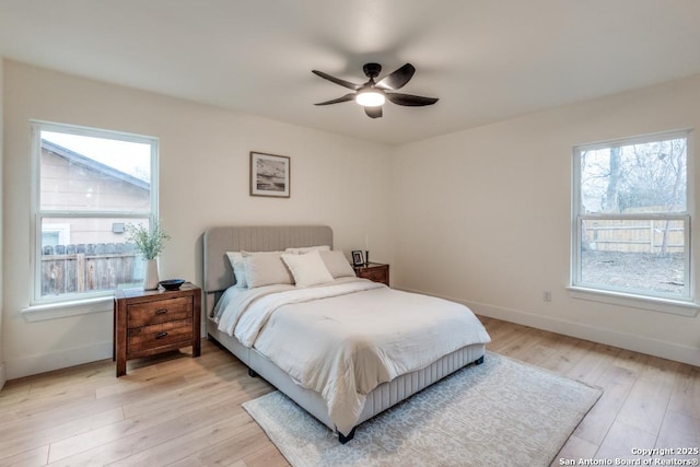 bedroom with ceiling fan and light wood-type flooring