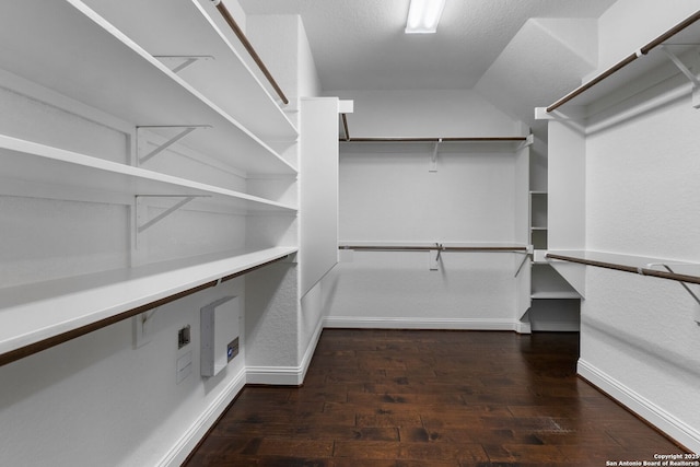 walk in closet with dark hardwood / wood-style flooring