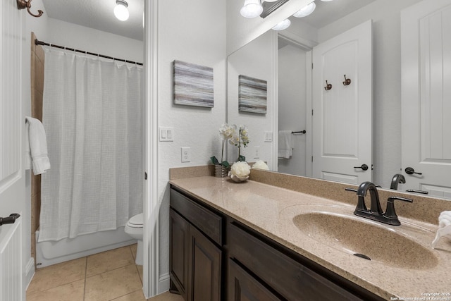 full bathroom featuring tile patterned flooring, vanity, shower / bath combination with curtain, and toilet