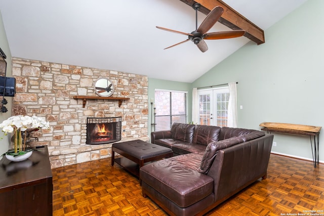 living room with french doors, a fireplace, beam ceiling, and dark parquet floors