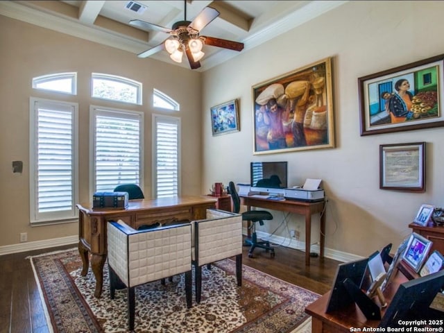 office space featuring coffered ceiling, crown molding, dark hardwood / wood-style flooring, beamed ceiling, and ceiling fan