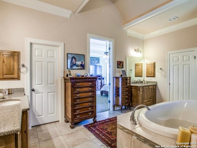 bathroom with vanity, ornamental molding, a relaxing tiled tub, ceiling fan, and tile patterned floors