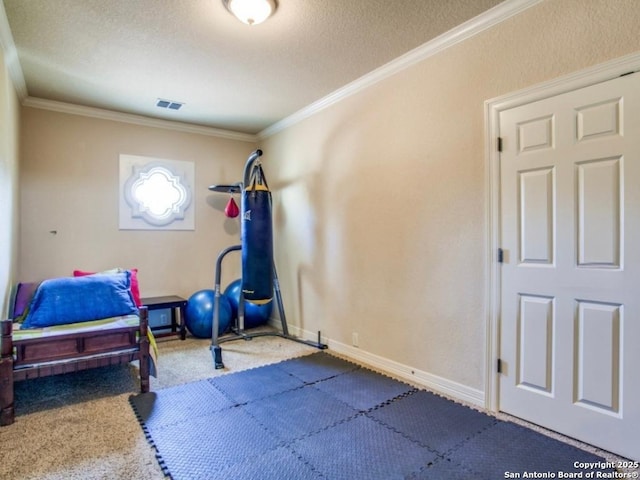 exercise room with crown molding, a textured ceiling, and carpet flooring