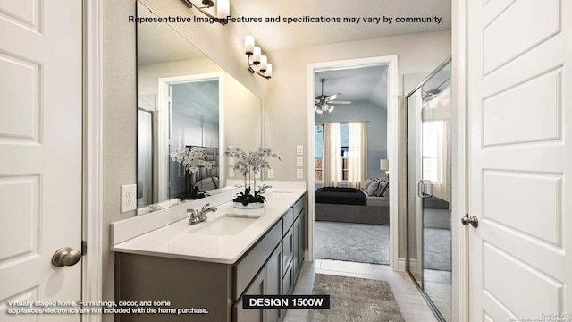 bathroom featuring tile patterned floors, vaulted ceiling, vanity, a shower with door, and ceiling fan