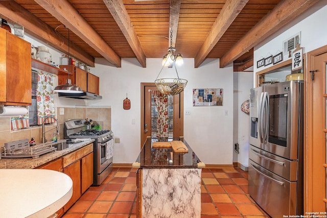 kitchen with sink, wood ceiling, beamed ceiling, stainless steel appliances, and backsplash