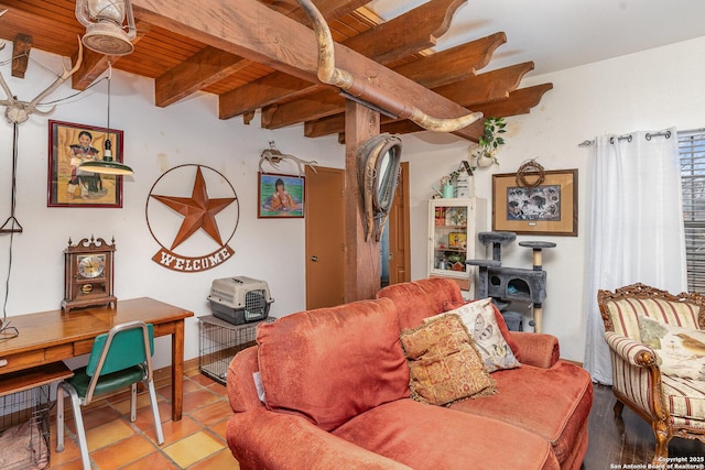 tiled living room with wood ceiling and beamed ceiling