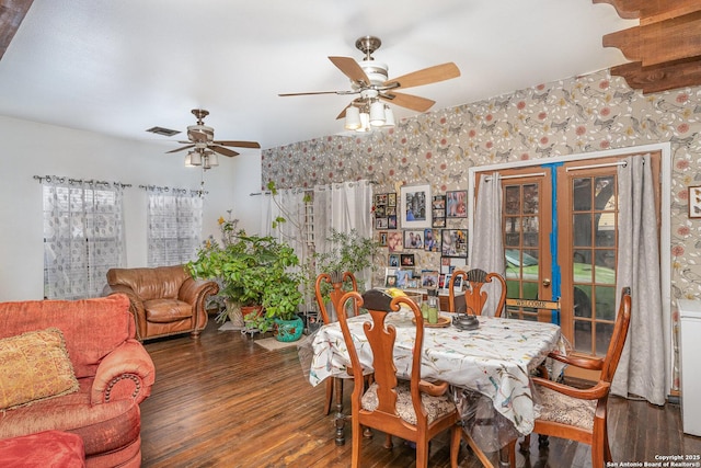 dining area featuring french doors, ceiling fan, and dark hardwood / wood-style floors