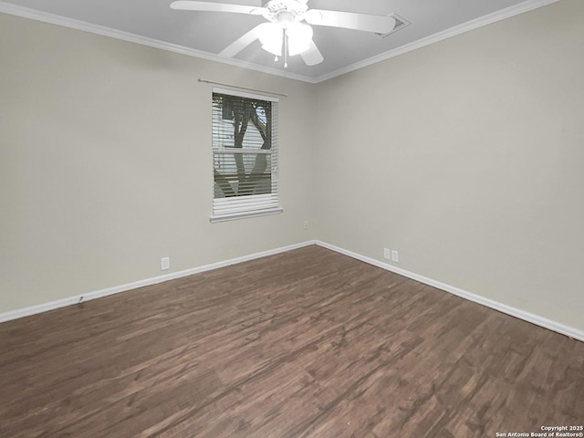 unfurnished room with ornamental molding, ceiling fan, and dark hardwood / wood-style flooring