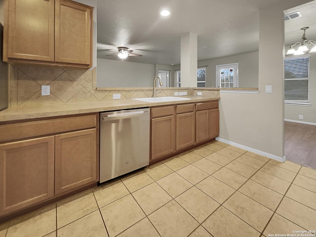 kitchen featuring sink, decorative backsplash, stainless steel dishwasher, and light tile patterned floors