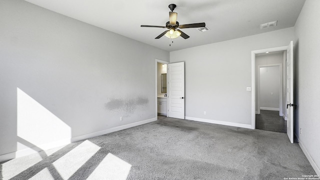 unfurnished bedroom with ceiling fan and carpet flooring