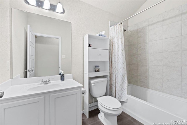 full bathroom featuring lofted ceiling, vanity, wood-type flooring, shower / bath combination with curtain, and toilet