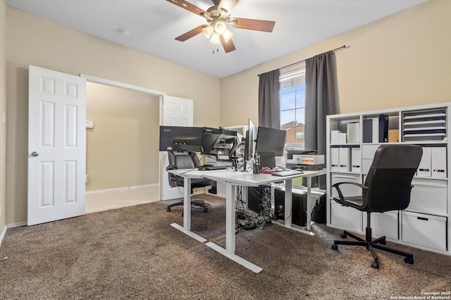 office with ceiling fan and carpet