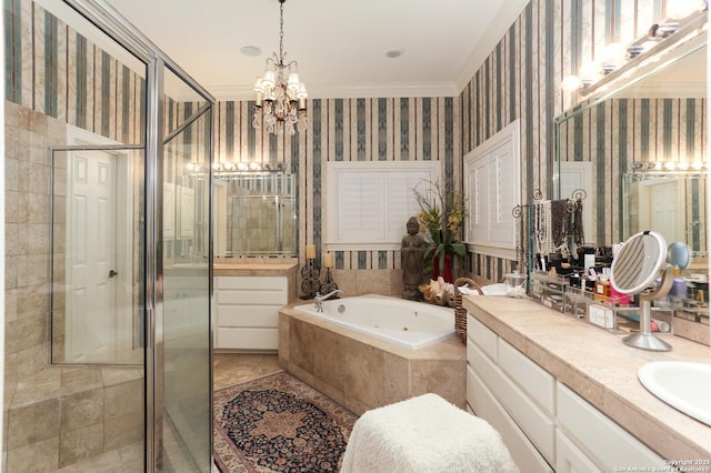 bathroom with a chandelier, vanity, independent shower and bath, and tile patterned flooring