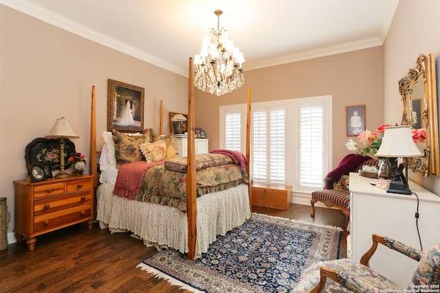 bedroom with dark hardwood / wood-style flooring, ornamental molding, and an inviting chandelier