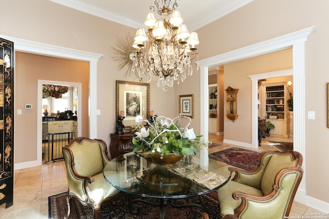 tiled dining room with crown molding and an inviting chandelier