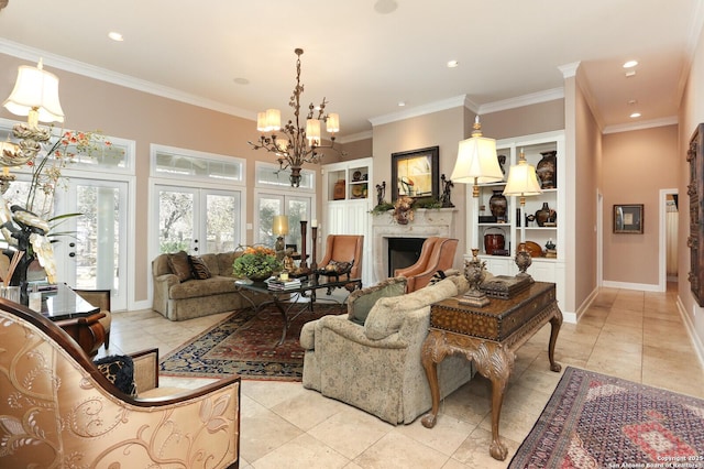 tiled living room featuring crown molding, an inviting chandelier, and french doors