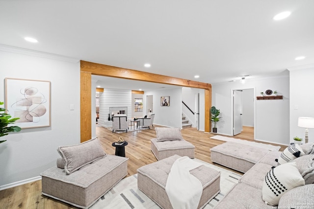 living room featuring a large fireplace, ornamental molding, and light hardwood / wood-style floors