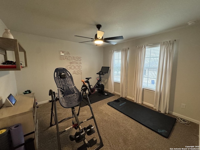 exercise area featuring a textured ceiling, ceiling fan, and carpet