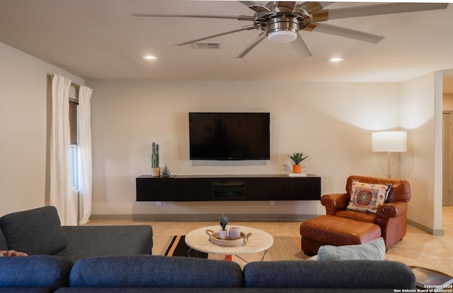 living room featuring ceiling fan