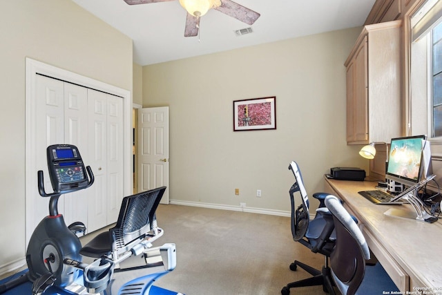 home office with light colored carpet and ceiling fan