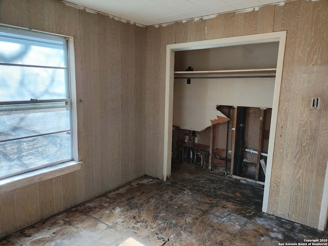 interior space with multiple windows, wooden walls, and a closet