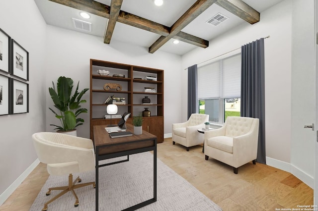 home office with coffered ceiling, beamed ceiling, and light wood-type flooring