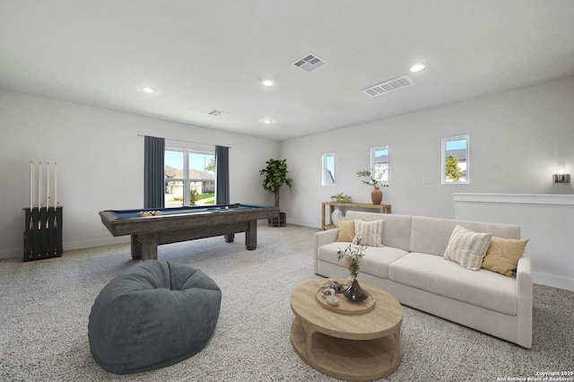 playroom featuring carpet flooring and pool table