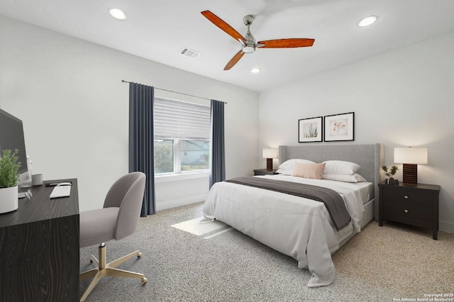 carpeted bedroom featuring ceiling fan