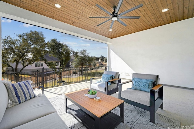 view of patio / terrace featuring ceiling fan and an outdoor hangout area