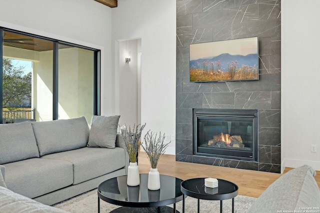 living room featuring hardwood / wood-style floors and a fireplace