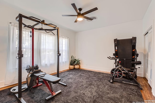 workout area with wood-type flooring and ceiling fan