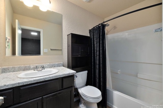 full bathroom with toilet, vanity, and shower / bathtub combination with curtain