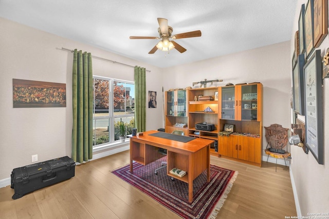 home office with ceiling fan and light hardwood / wood-style flooring