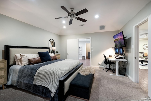 bedroom with ceiling fan and carpet