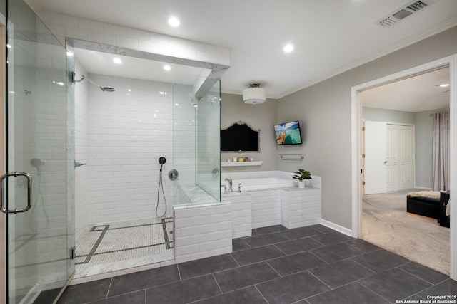 bathroom with crown molding, tile patterned floors, and independent shower and bath