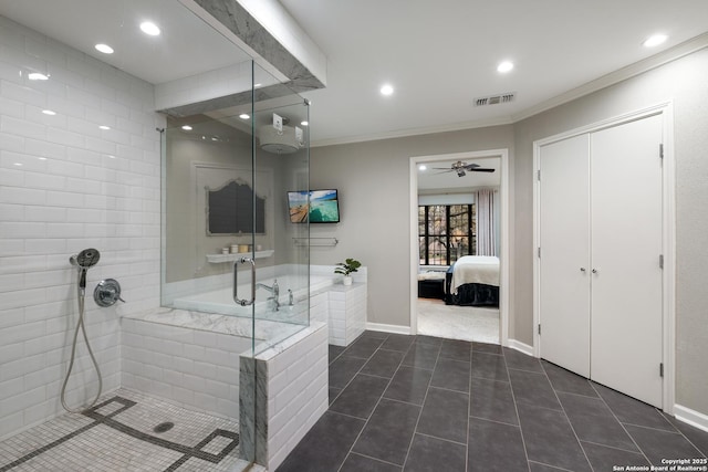 bathroom with crown molding, tile patterned floors, and an enclosed shower