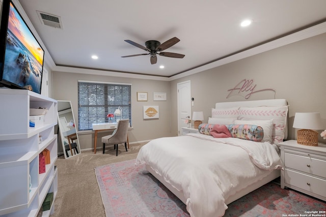 bedroom with ornamental molding, light carpet, and ceiling fan