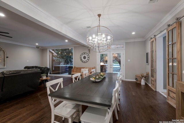 dining area with french doors, ornamental molding, dark hardwood / wood-style floors, and ceiling fan with notable chandelier