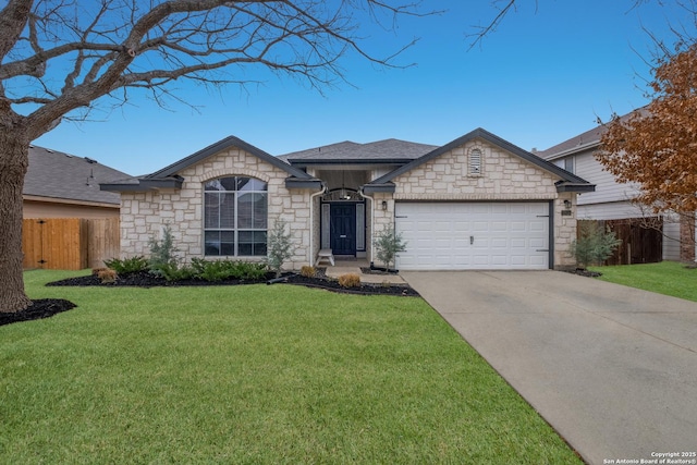 ranch-style house featuring a garage and a front lawn