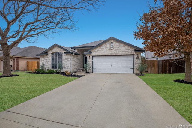 single story home featuring a garage and a front lawn