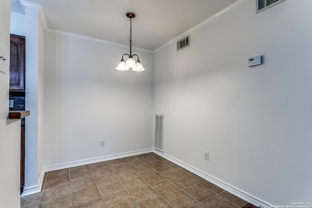 empty room featuring crown molding, tile patterned floors, and a chandelier