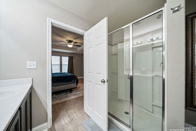 bathroom featuring an enclosed shower, a textured ceiling, vanity, a tray ceiling, and hardwood / wood-style floors