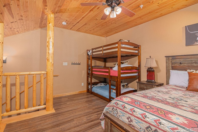 bedroom with hardwood / wood-style flooring, ceiling fan, lofted ceiling, and wood ceiling