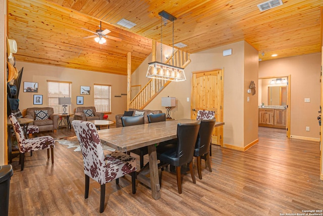 dining area with lofted ceiling, wood-type flooring, wooden ceiling, and ceiling fan