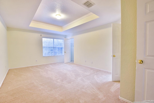 carpeted empty room featuring a tray ceiling, ornamental molding, and a textured ceiling