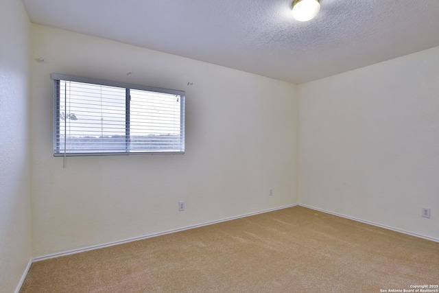 spare room featuring light colored carpet and a textured ceiling