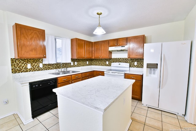 kitchen featuring light tile patterned flooring, a kitchen island, decorative light fixtures, sink, and white appliances