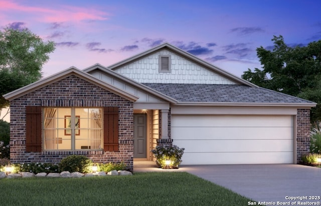 15490 Jake Xing, San Antonio, TX 78245 - view of front of property featuring an attached garage, roof with shingles, concrete driveway, and brick siding