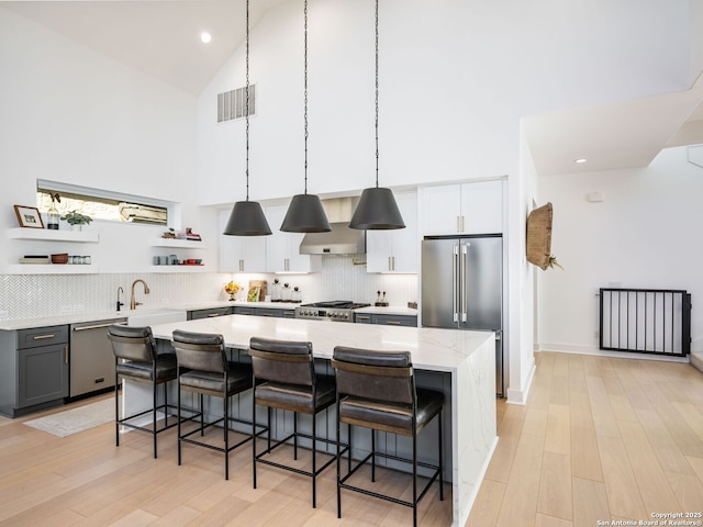 kitchen with appliances with stainless steel finishes, a breakfast bar, white cabinetry, gray cabinetry, and hanging light fixtures